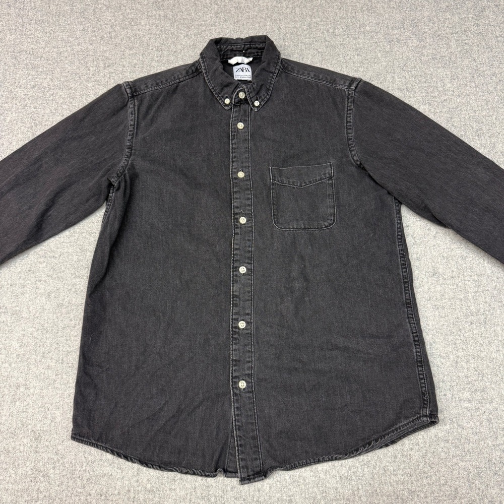 Zara Denim Shirt Medium Black Long Sleeve Button Down Collar Chest Pocket Casual